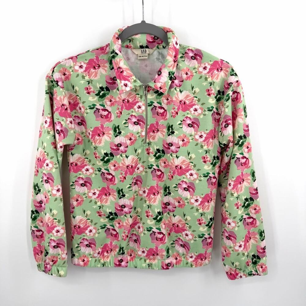 AND Kids Floral Quarter Zip-Up Sweatshirt in Pink Green Size 13-14